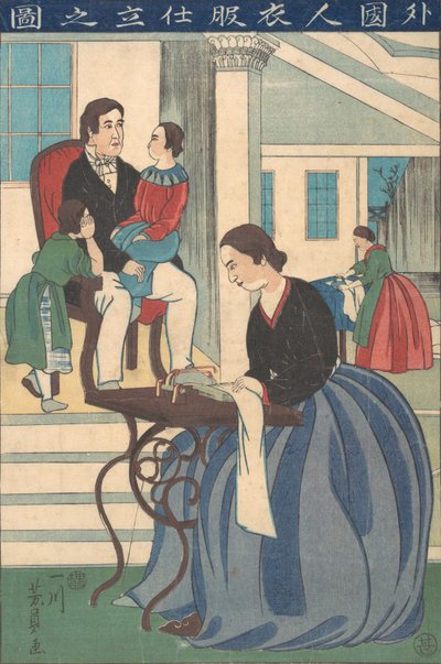 Ausländische Familie mit Frau, die Kleidung macht, 1860 von Yoshikazu