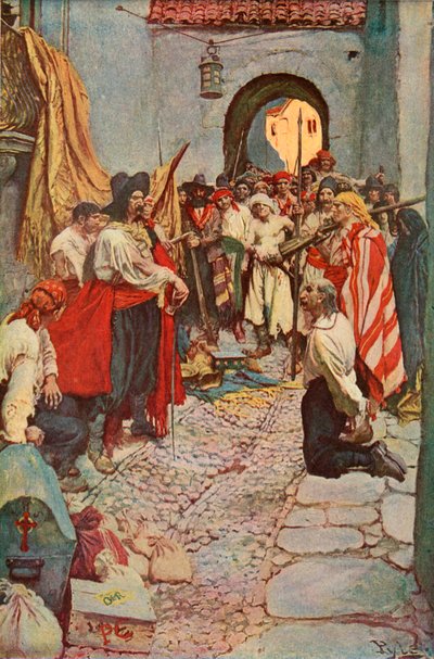 Tribut von den Bürgern erpressen von after Howard Pyle