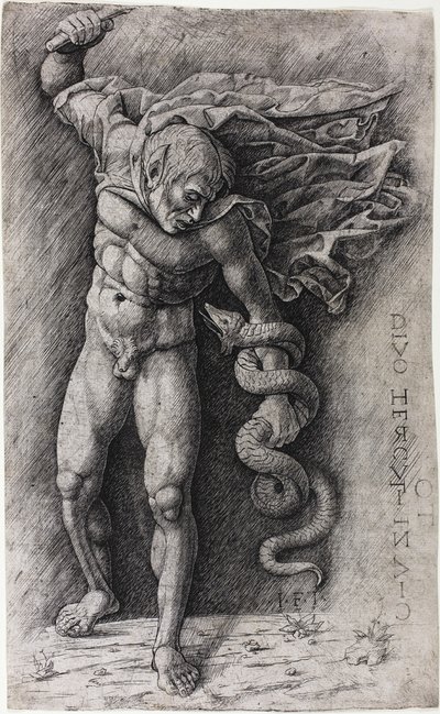 Faun greift eine Schlange an von school of Andrea Mantegna