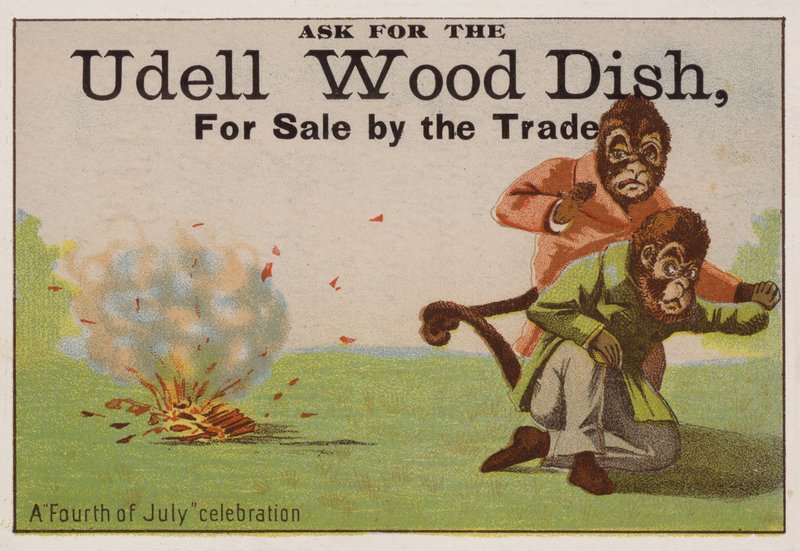Feier zum 4. Juli, Werbekarte für Udell-Holzgeschirr von American School