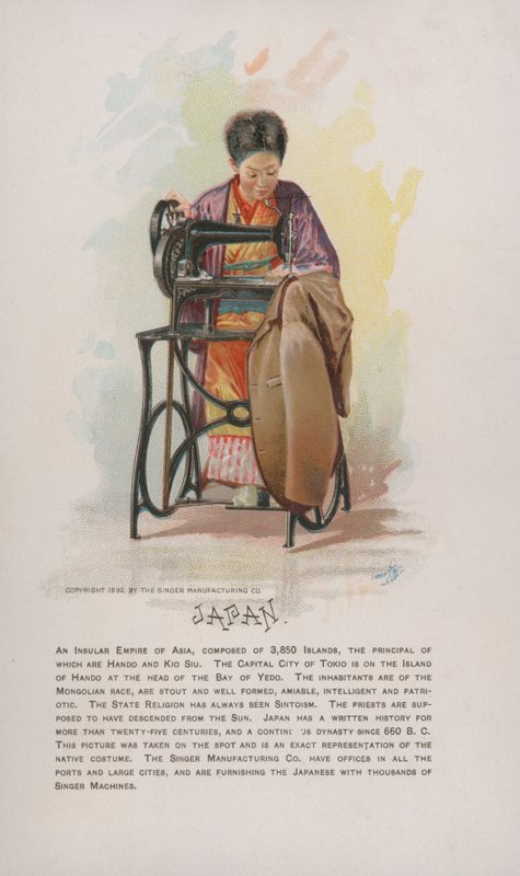 Japanische Frau beim Nähen, Werbung für Singer-Nähmaschinen, 1892 von American School