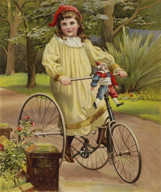 Mädchen, das in einem Garten ihr Dreirad fährt von English School