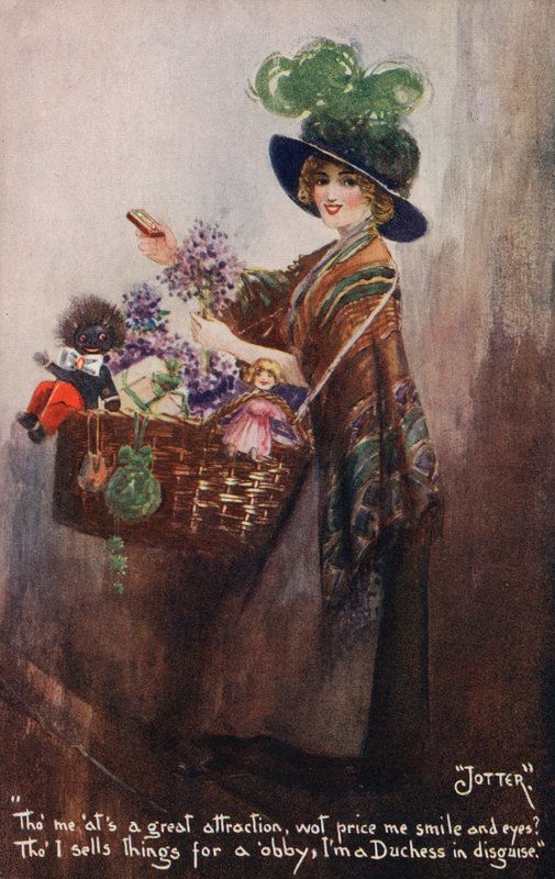 Mädchen verkauft Blumen und Spielzeug von English School
