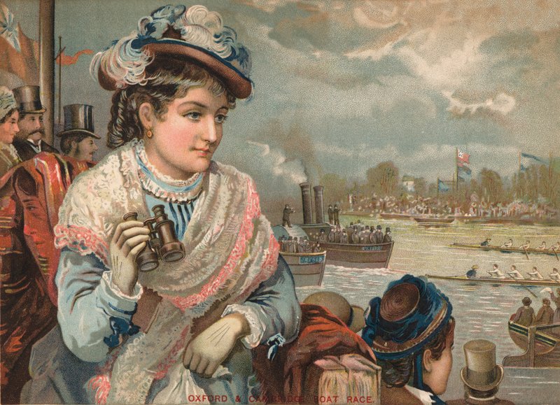 Dame beobachtet das Oxford und Cambridge Bootsrennen, ca. 1890 von English School