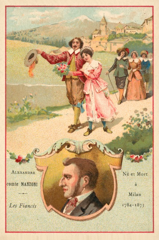 Alessandro Manzoni, italienischer Autor, und eine Szene aus seinem Roman Die Verlobten von French School