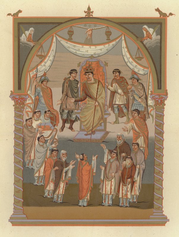 Graf Vivien überreicht König Karl dem Kahlen die Bibel bei seinem Besuch in der Kirche im Jahr 846 von German School