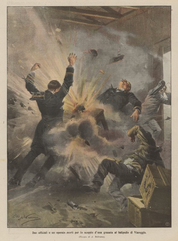 Zwei Offiziere und ein Arbeiter sterben durch die Explosion einer Granate auf dem Schießplatz von Viareggio von Achille Beltrame