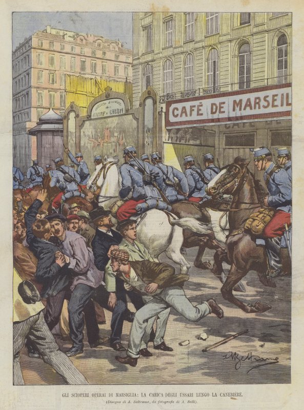 Die Arbeiterstreiks in Marseille, der Angriff der Husaren entlang der Canebière von Achille Beltrame
