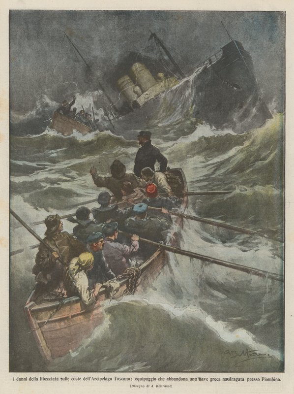 Die Schäden des Libeccio-Sturms an den Küsten des toskanischen Archipels, Besatzung verlässt ein Schiff von Achille Beltrame