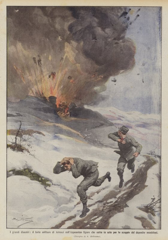 Die großen Katastrophen, das Militärfort von Arresci im ligurischen Apennin explodiert von Achille Beltrame