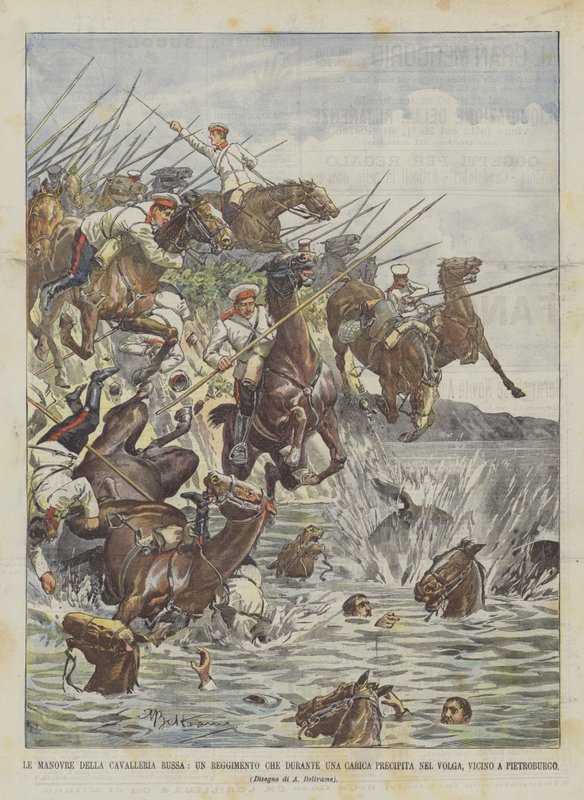 Die Manöver der russischen Kavallerie, ein Regiment stürzt während eines Angriffs in die Wolga bei St. Petersburg von Achille Beltrame