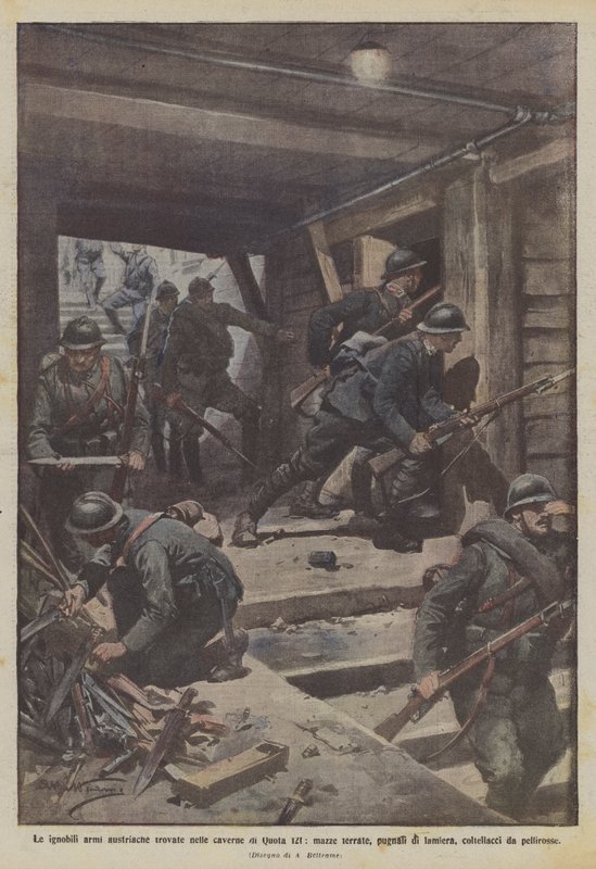 Die niederträchtigen österreichischen Waffen, die in den Höhlen von Quota 121 gefunden wurden, mit Eisen beschlagene Keulen, Blechdolche von Achille Beltrame