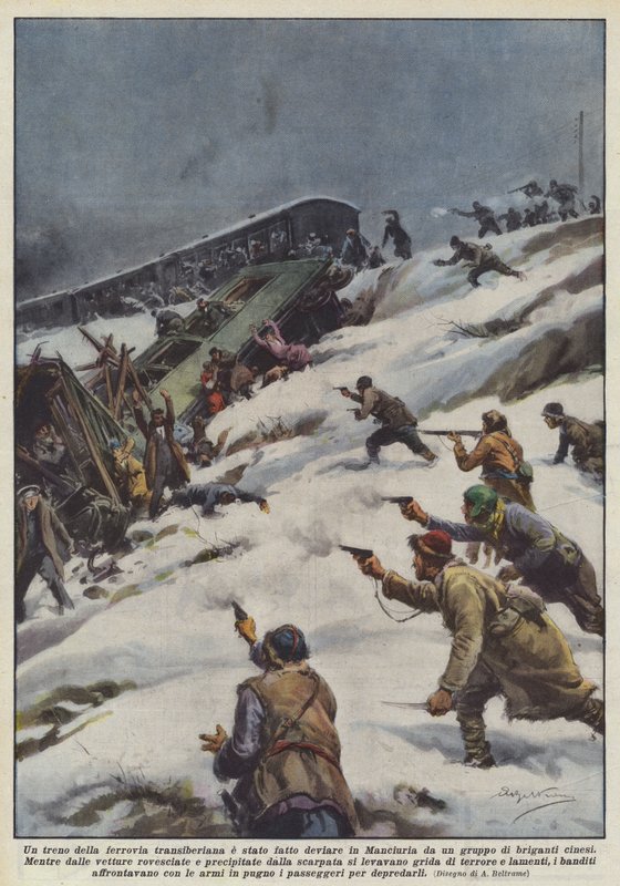 Ein Zug der Transsibirischen Eisenbahn wurde in der Mandschurei von einer Gruppe chinesischer Banditen entgleist von Achille Beltrame