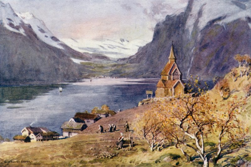 Urnes Stabkirche, Lyster, Sognefjord von Alfred Heaton Cooper