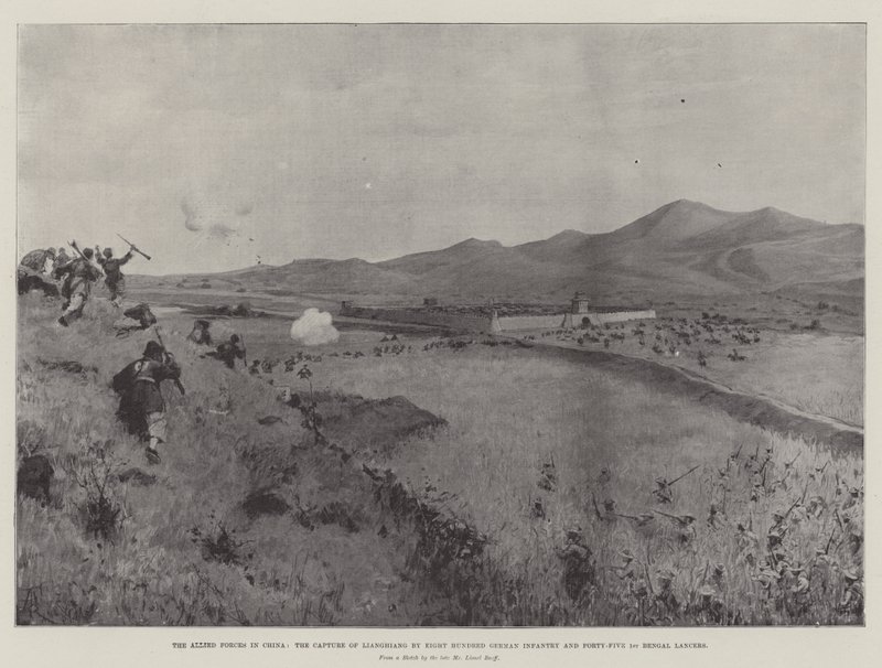 Die alliierten Streitkräfte in China, die Eroberung von Lianghiang durch achthundert deutsche Infanteristen und fünfundvierzig 1. Bengalische Lanzenreiter von Amedee Forestier
