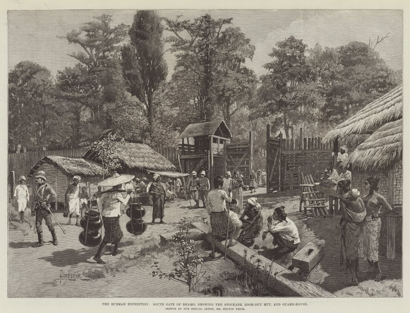 Die Burmah-Expedition, Südtor von Bhamo, zeigt die Palisade, das Wachhaus und den Aussichtsturm von Amedee Forestier