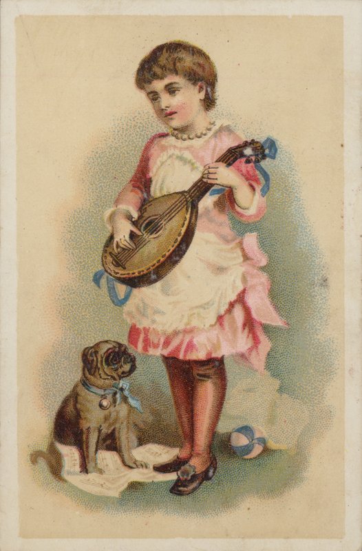 Mädchen spielt Mandoline mit einem Hund von American School