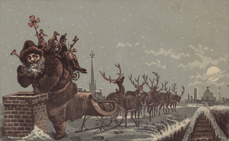 Weihnachtsmann und Rentiere liefern Geschenke von American School