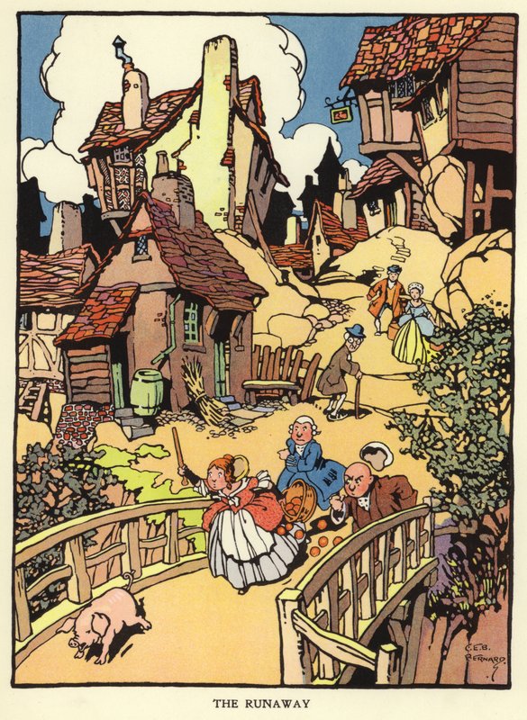 Ausreißendes Ferkel (Farblithographie) von C. E. B. Bernard