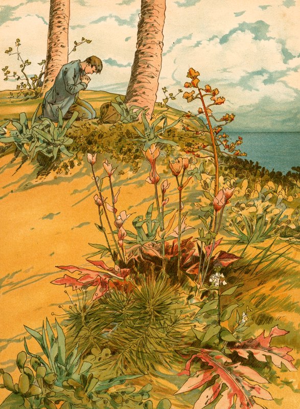Robinson Crusoe beim Gebet in seiner 