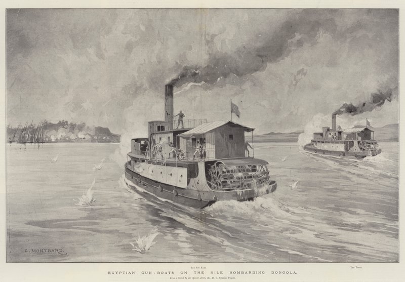 Ägyptische Kanonenboote auf dem Nil bombardieren Dongola von Charles Auguste Loye