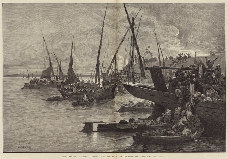 Die Cholera in Ägypten, Einwohner von Boulak, Kairo, drängen sich in Boote auf dem Nil von Charles Auguste Loye
