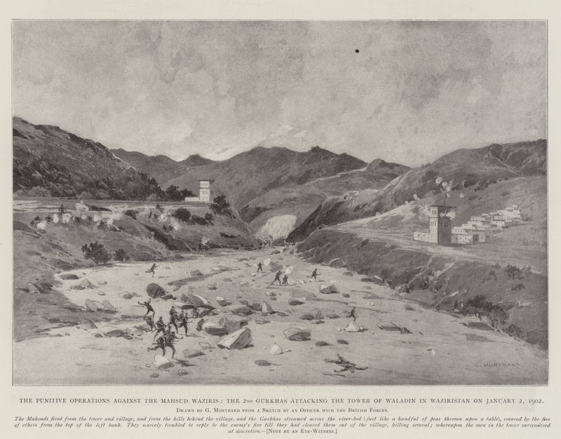Die Strafoperationen gegen die Mahsud Waziris, die 2. Gurkhas greifen den Turm von Waladin in Waziristan am 2. Januar 1902 an von Charles Auguste Loye
