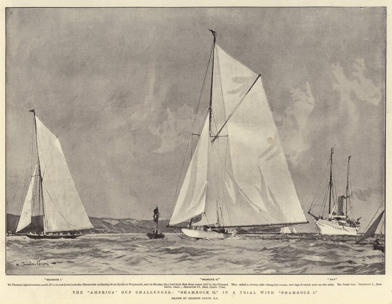 Der America Cup Herausforderer, Shamrock II in einem Test mit Shamrock I von Charles Edward Dixon