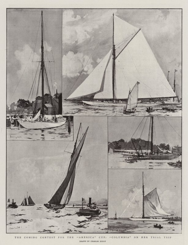 Der kommende Wettbewerb um den America Cup, Columbia auf ihrer Probefahrt von Charles Edward Dixon