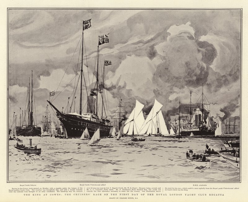 Der König in Cowes, das Kreuzer-Rennen am ersten Tag der Royal London Yacht Club Regatta von Charles Edward Dixon