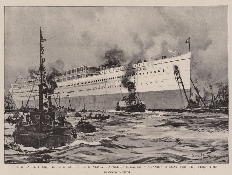 Das größte Schiff der Welt, der neu gestartete Dampfer Oceanic zum ersten Mal auf dem Wasser von Charles Edward Dixon