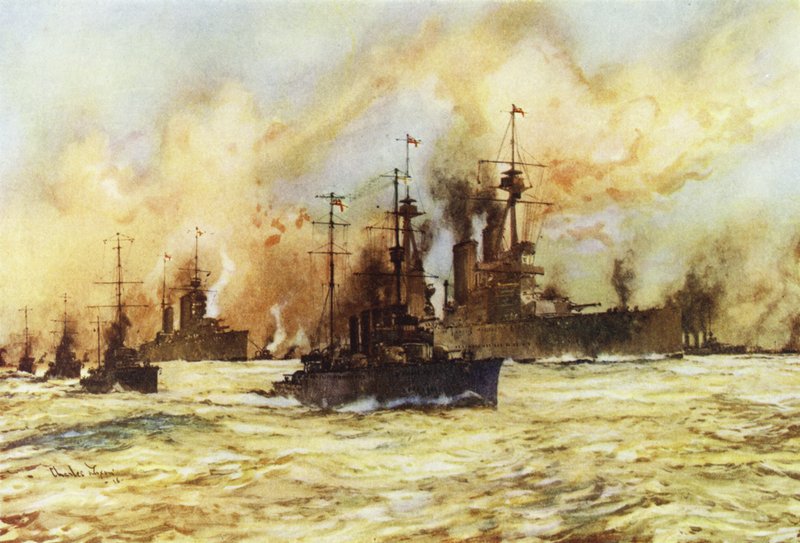 Der Schlachtkreuzer Indomitable schleppt den verwundeten Schlachtkreuzer Lion nach der Schlacht auf der Doggerbank, 24. Januar 1915 von Charles Edward Dixon