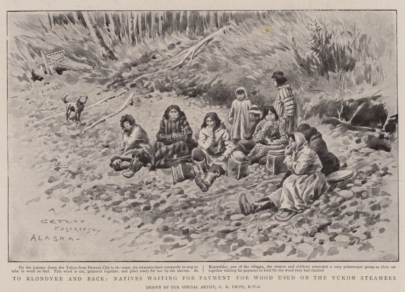 Nach Klondyke und zurück, Einheimische warten auf die Bezahlung für Holz, das auf den Yukon-Dampfern verwendet wurde von Charles Edwin Fripp