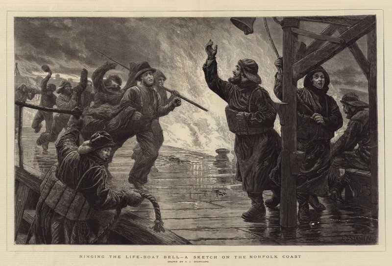 Das Läuten der Rettungsboot-Glocke, eine Skizze an der Küste von Norfolk von Charles J. Staniland