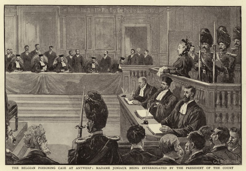Der belgische Vergiftungsfall in Antwerpen, Madame Joniaux wird vom Präsidenten des Gerichts verhört von Charles J. Staniland
