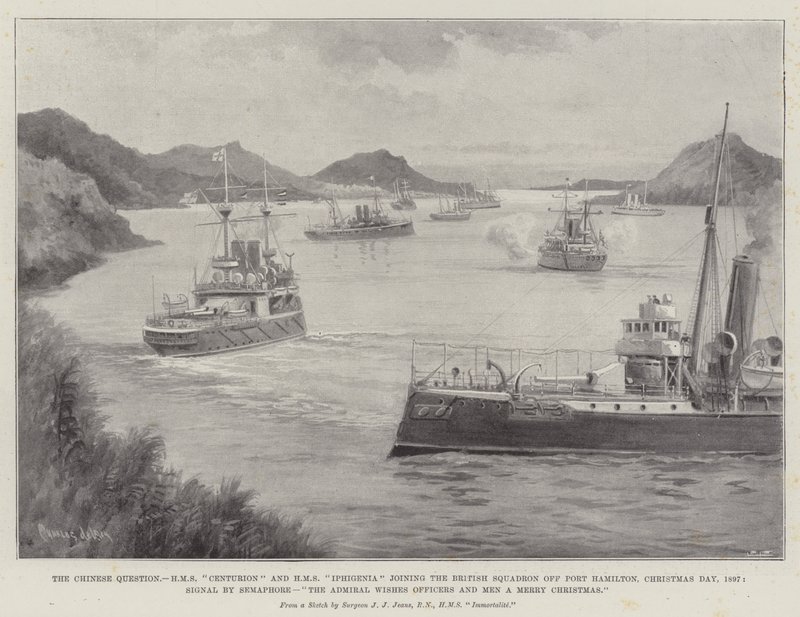 Die chinesische Frage, HMS Centurion und HMS Iphigenia schließen sich dem britischen Geschwader vor Port Hamilton an, Weihnachtstag, 1897, Signal per Semaphor, Der Admiral wünscht Offizieren und Männern ein frohes Weihnachten von Charles John de Lacy