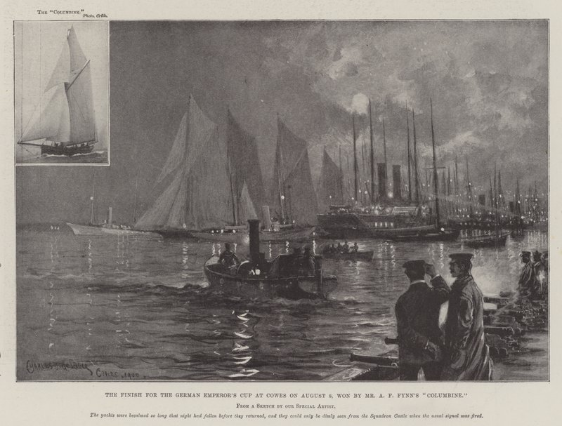 Das Ziel für den Pokal des deutschen Kaisers in Cowes am 8. August, gewonnen von Mr. A. F. Fynns Columbine von Charles John de Lacy