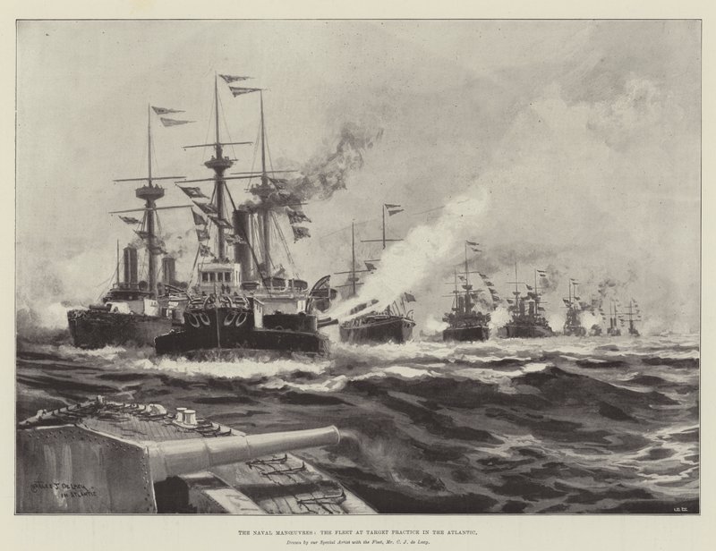Die Marine-Manöver, die Flotte beim Zielschießen im Atlantik von Charles John de Lacy