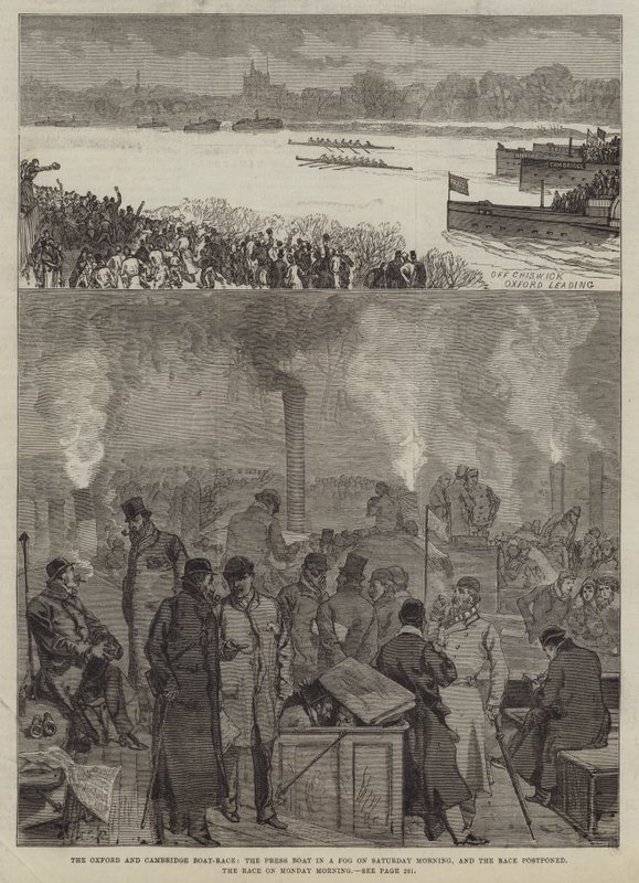 Das Oxford und Cambridge Boot-Rennen, das Presseboot im Nebel am Samstagmorgen, und das Rennen verschoben, das Rennen am Montagmorgen von Sir John Charles Robinson