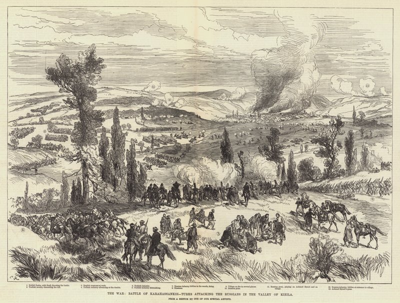Der Krieg, Schlacht von Karahassankoi, Türken greifen die Russen im Tal von Kizila an von Sir John Charles Robinson