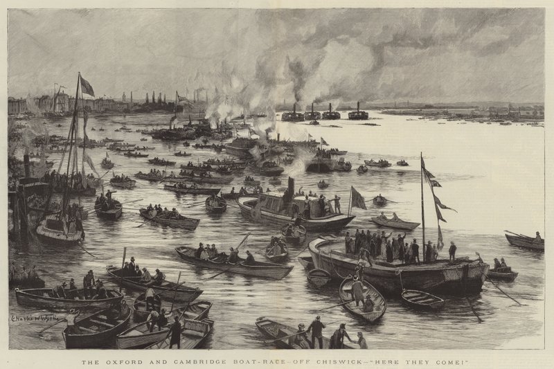 Das Oxford und Cambridge Boot-Rennen, bei Chiswick, hier kommen sie! von Charles William Wyllie