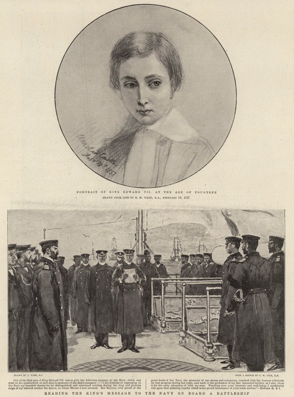 Porträt von König Edward VII. im Alter von vierzehn Jahren, liest die Botschaft des Königs an die Marine an Bord eines Schlachtschiffs von Edgar Melville Ward