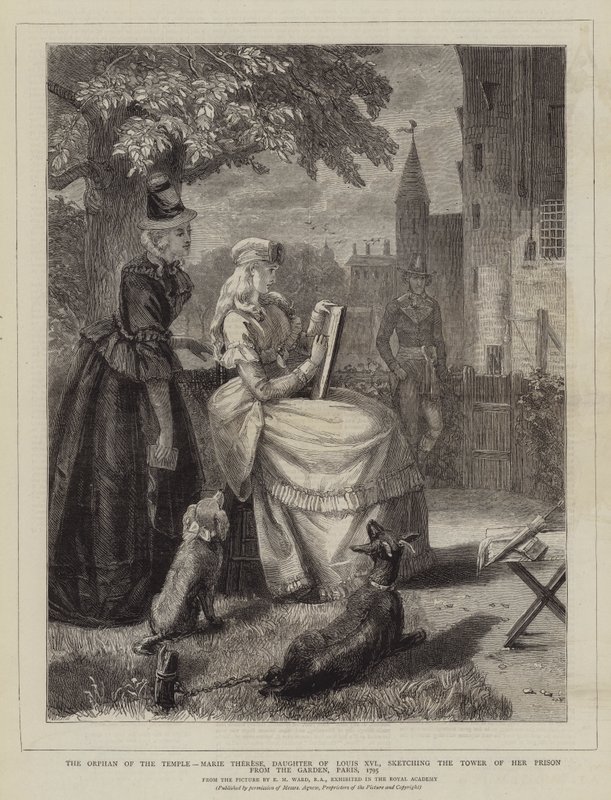 Das Waisenkind des Tempels, Marie Therese, Tochter von Ludwig XVI., zeichnet den Turm ihres Gefängnisses aus dem Garten, Paris, 1795 von Edgar Melville Ward