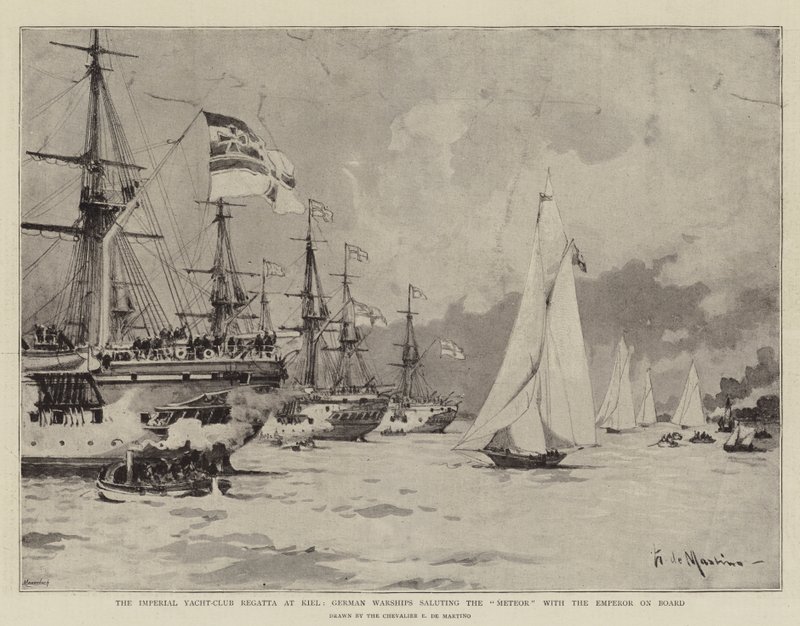 Die Regatta des Kaiserlichen Yacht-Clubs in Kiel, Deutsche Kriegsschiffe salutieren die Meteor mit dem Kaiser an Bord von Eduardo de Martino