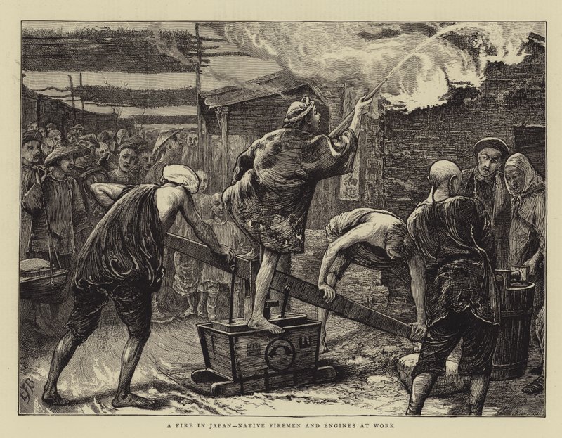 Ein Feuer in Japan, einheimische Feuerwehrleute und Maschinen bei der Arbeit von Edward Frederick Brewtnall