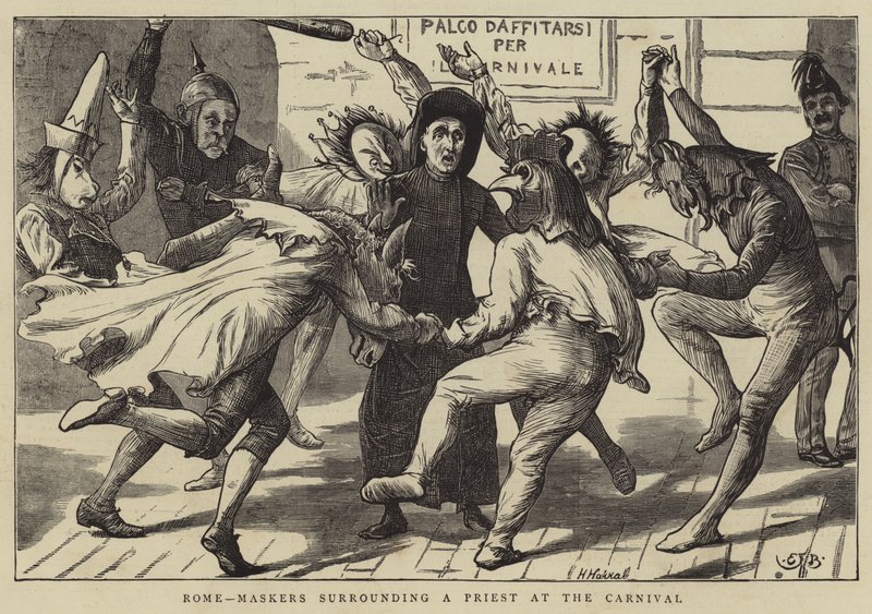 Rom, Maskierte umgeben einen Priester beim Karneval von Edward Frederick Brewtnall