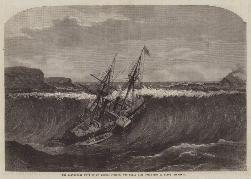Die Erdbebenwelle in St. Thomas trifft das königliche Postdampfschiff La Plata von Edwin Weedon