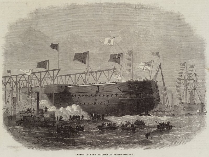 Stapellauf der HMS Triumph in Jarrow-on-Tyne von Edwin Weedon