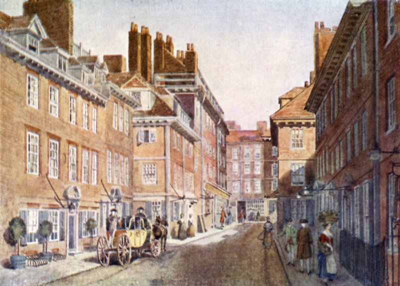 Beaufort Buildings im Jahr 1704, später abgerissen, als das Savoy Hotel und das Savoy Theatre errichtet wurden von English School