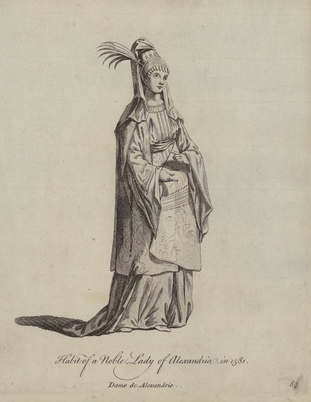 Kleidung einer adligen Dame von Alexandria im Jahr 1581 von English School